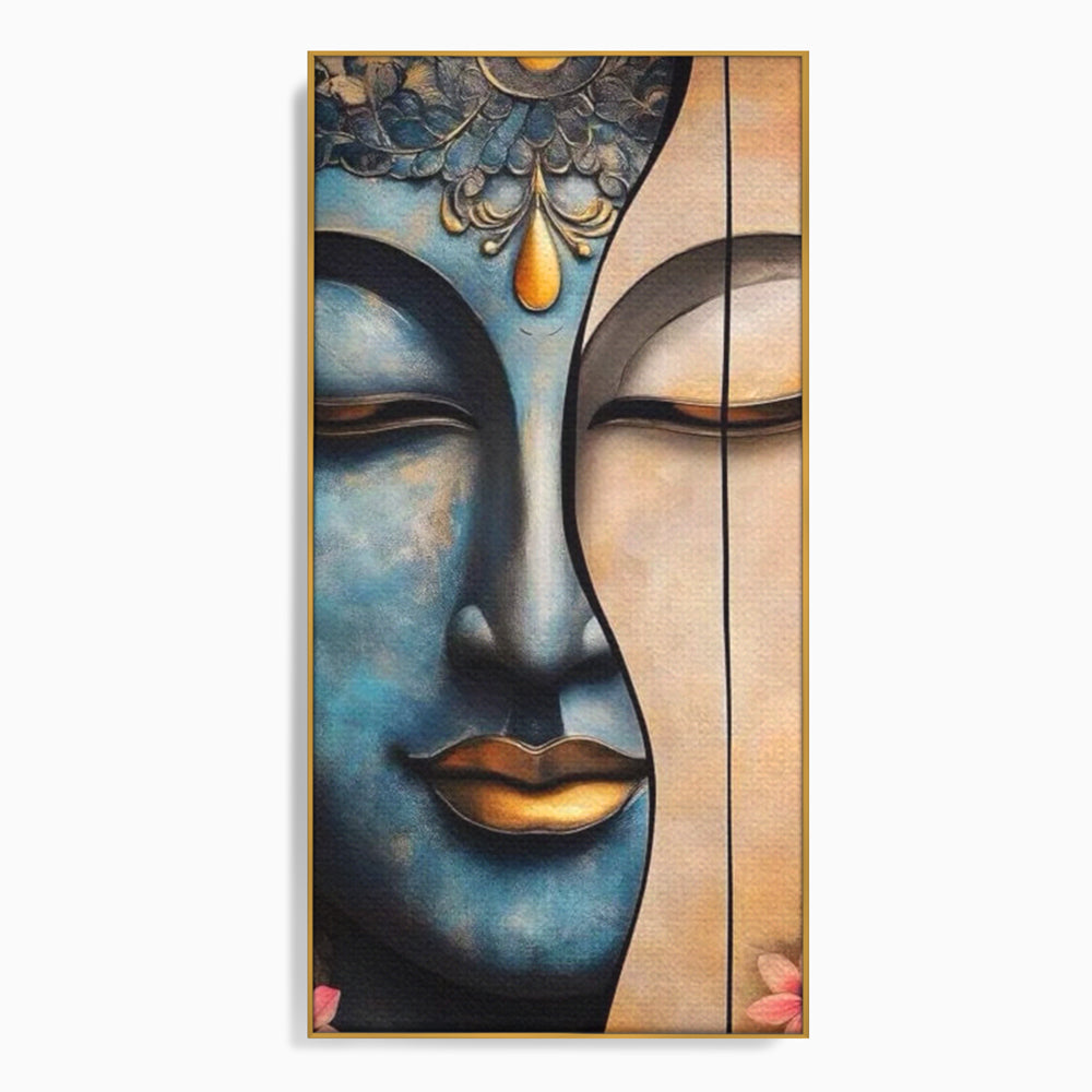 Tablou canvas cu tablou canvas cu chipul lui buddha, in rama de aluminiu auriu